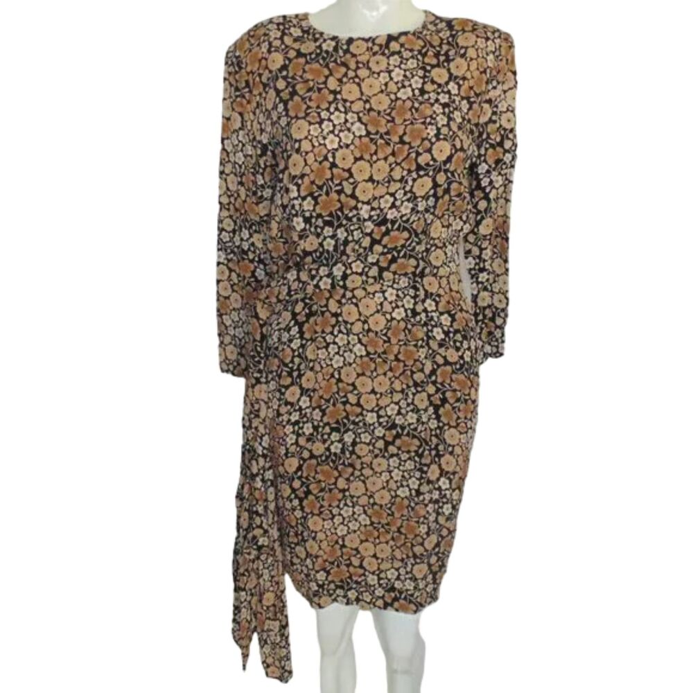 LIZ CLAIBORNE Dress, 8, Black/Tan Floral, Faux Wrap Skirt, Shoulder pads, VTG - Picture 8 of 13